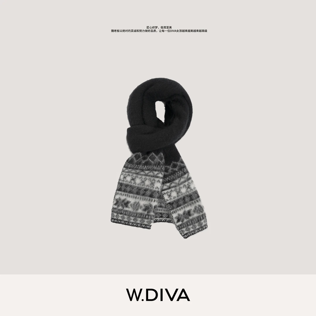 W.Diva【雪织】费尔岛经典复古百搭保暖雪花提花羊绒围巾54J093349