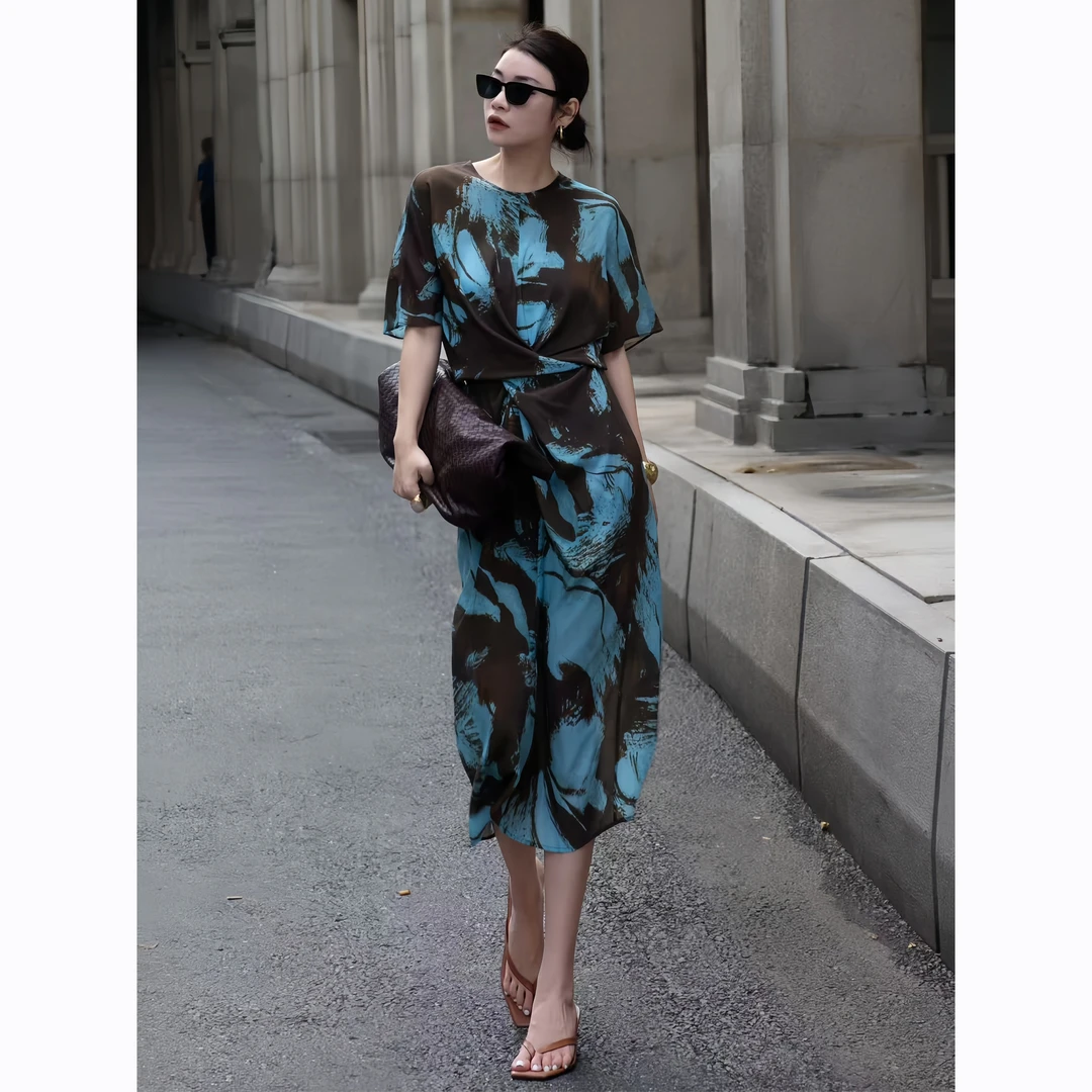 ZEROYK名媛风气质连衣裙2025夏季新款复古真丝印花宽松百搭长裙子