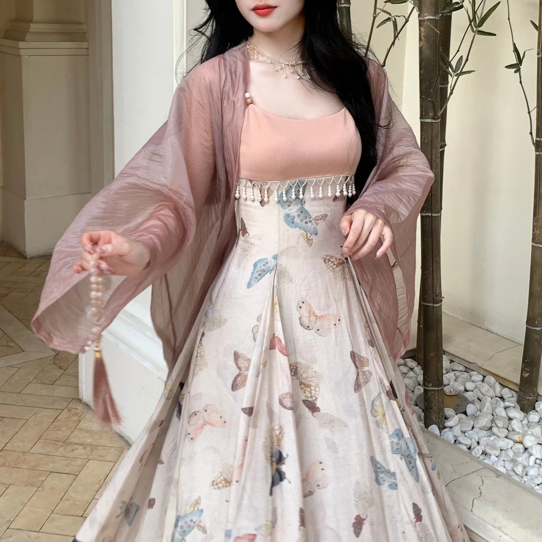 Blovelan青黛烟语 气质温婉百搭微皱半透双色长款防晒雪纺开衫女