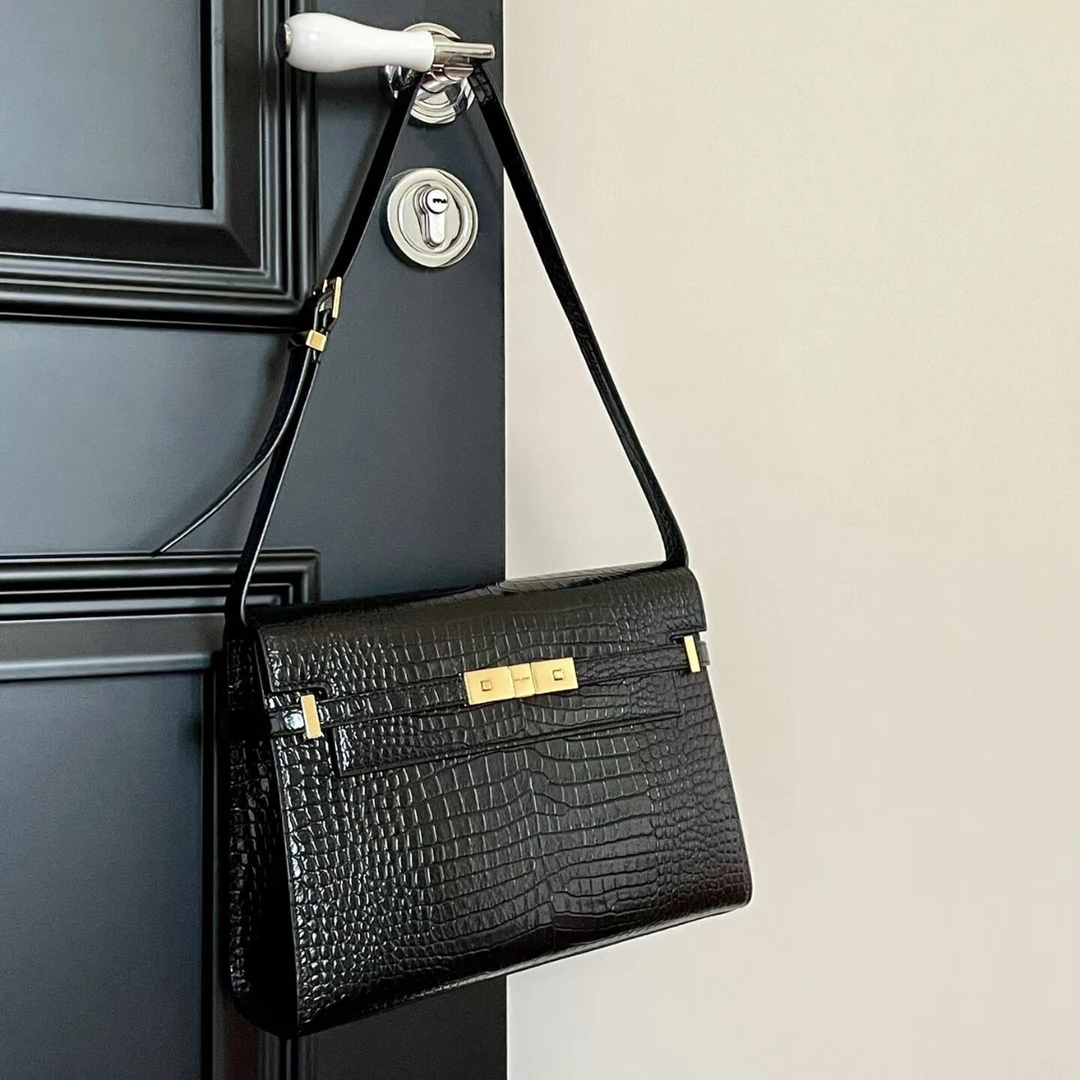 99新 YSL/圣罗兰 曼哈顿 黑金 鳄鱼压纹 中号 牛皮革 单肩包