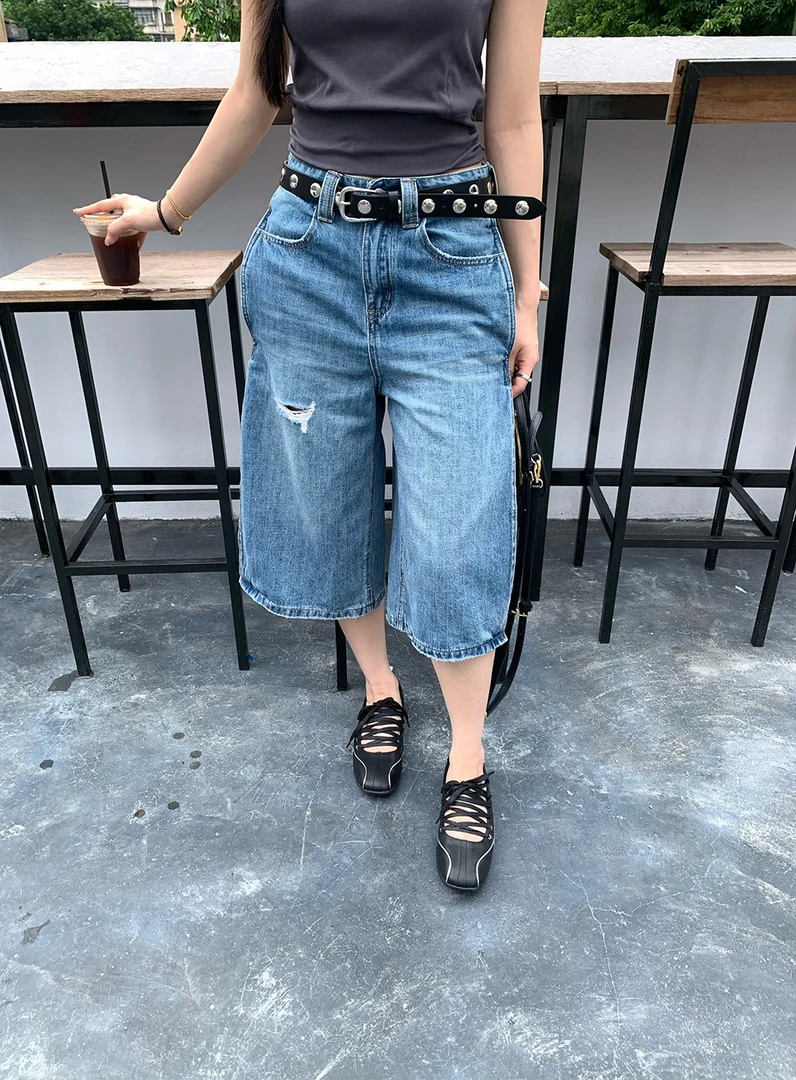 ONEXH·2025夏季设计款破洞牛仔七分裤女美式复古宽松阔腿八分裤