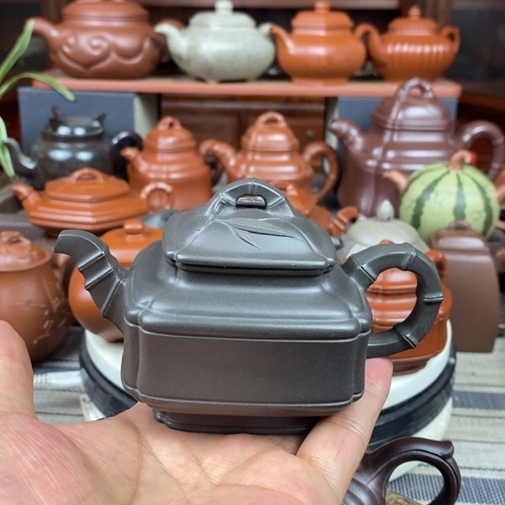 紫砂茶壶四方竹鼓200cc原矿古天青特价