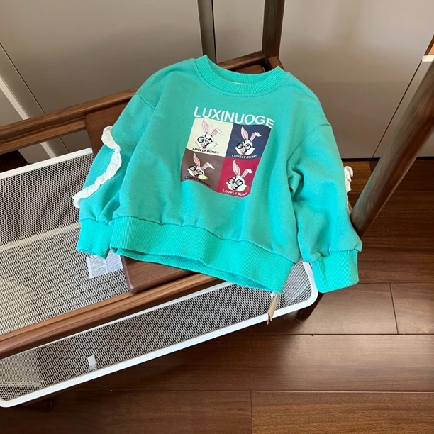 【编号F448】C338-05- 儿童胸口贴补兔子卫衣绿色-YJ