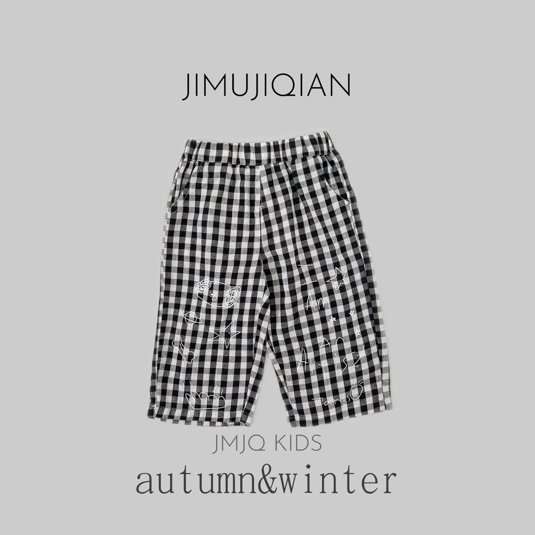 JMJQ 夏季中小童百搭高货涂鸦脚口黑白格宽松九分裤 20267