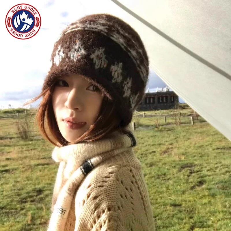 RUDY GOOSE秋冬时尚提花卷边费尔岛针织帽女秋冬保暖护耳毛线冷帽