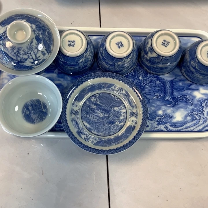 瓷片白青花清明上河图七件套全品