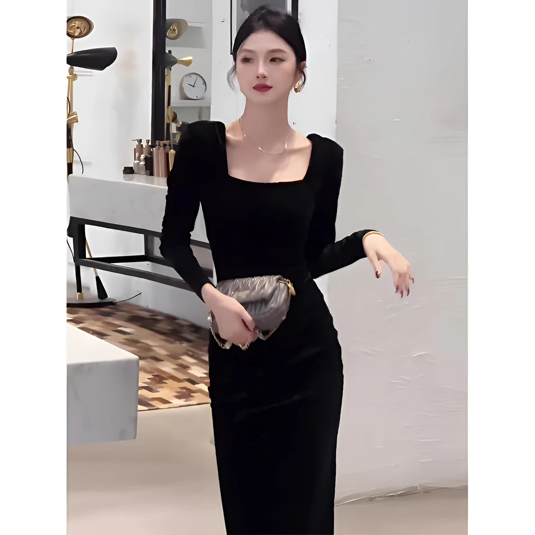 小个子气质穿搭丝绒连衣裙秋季藏肉高级感小黑长裙高贵高贵气质