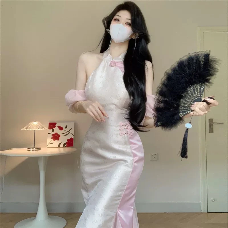新中式轻国风改良旗袍挂脖连衣裙气质性感礼服鱼尾包臀长裙