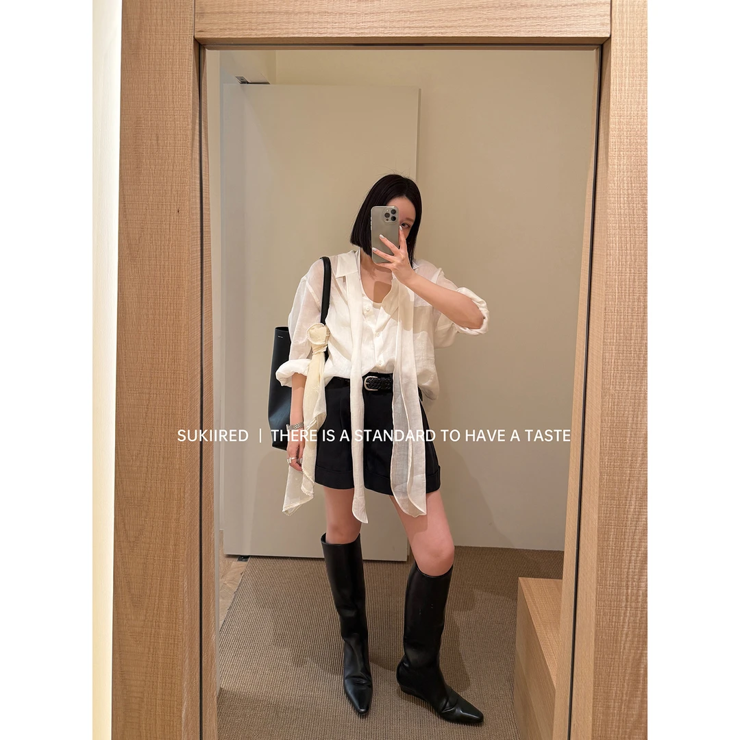 sukiired苎麻莱赛尔Oversize宽松版双襟飘带纯色衬衫+棉条纹衬衫