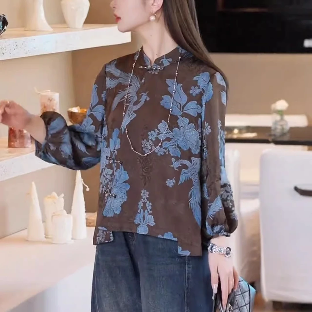 宽松优雅气质外穿休闲长袖打底衫2025秋季新款新中式国风印花上衣