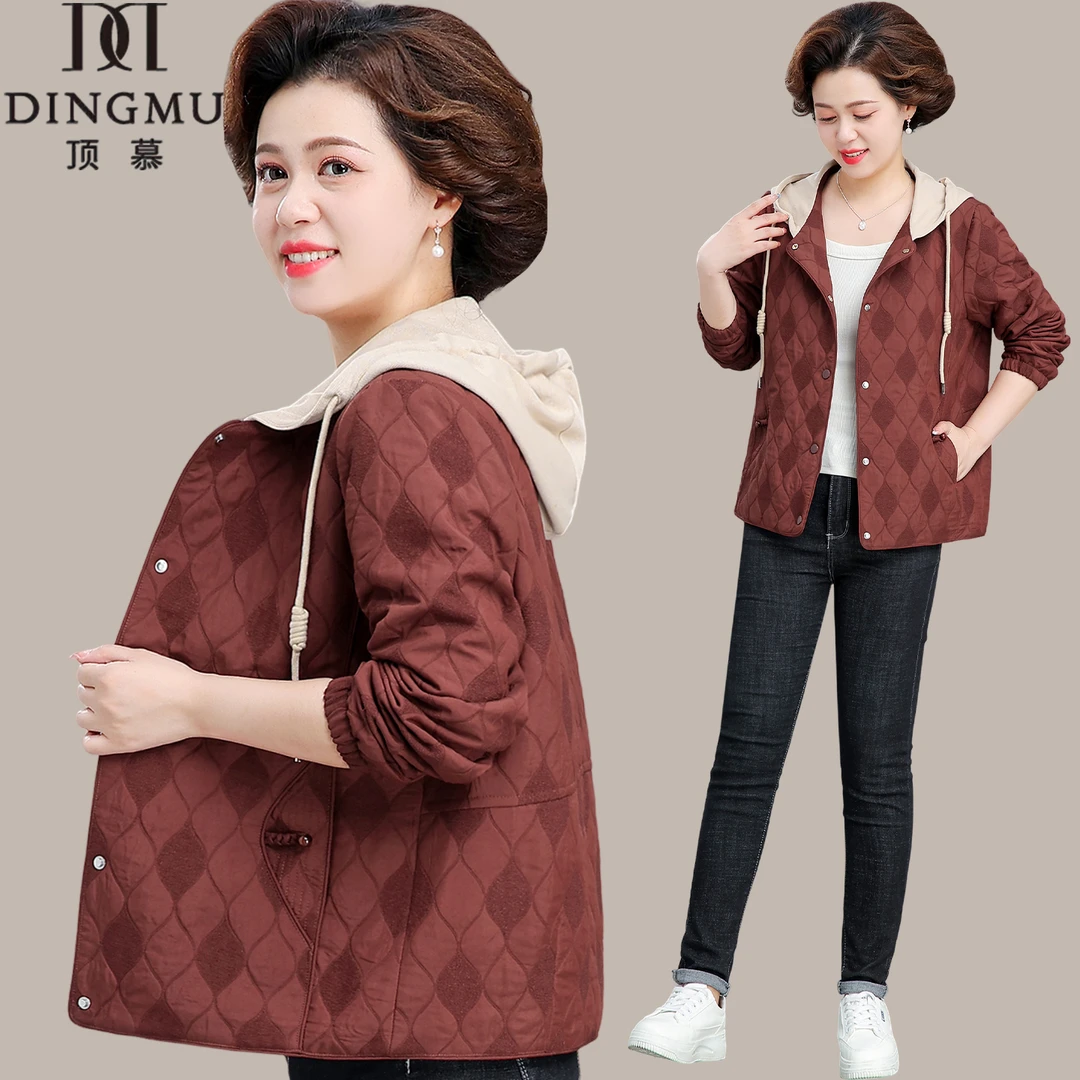 中老年宽松洋气连帽短外套女2025春秋装新款中年妈妈夹克卫衣上衣