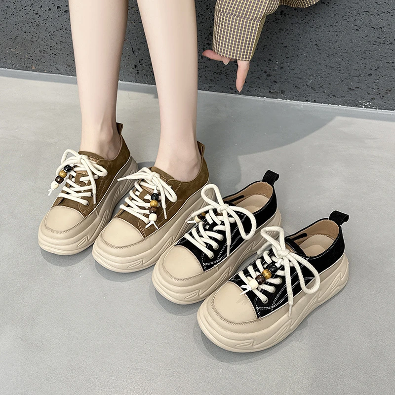 松糕厚底头层牛皮休闲鞋女款2025秋防滑透气百搭复古运动板鞋女