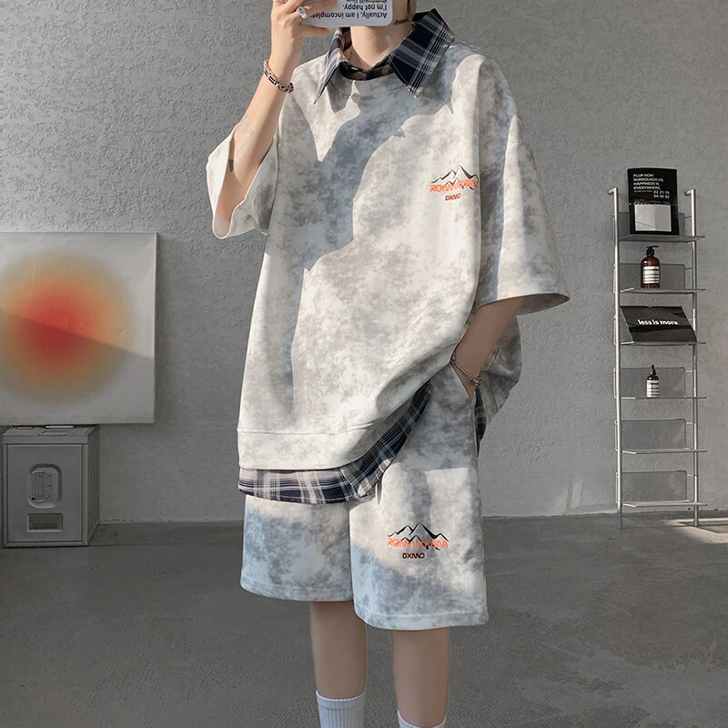 引创休闲运动套装男2025夏季新款高质感假两件拼接套装衬衫领大码