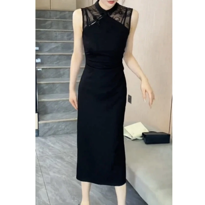 2025夏季新款新中式黑色蕾丝拼接无袖露背开叉包臀气质女士连衣裙