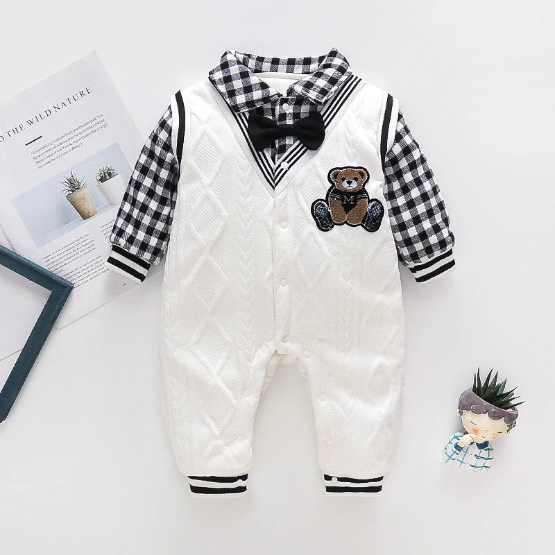 绅士小熊夹连体假两件儿童春秋款幼儿韩版格子背带连体哈衣爬服