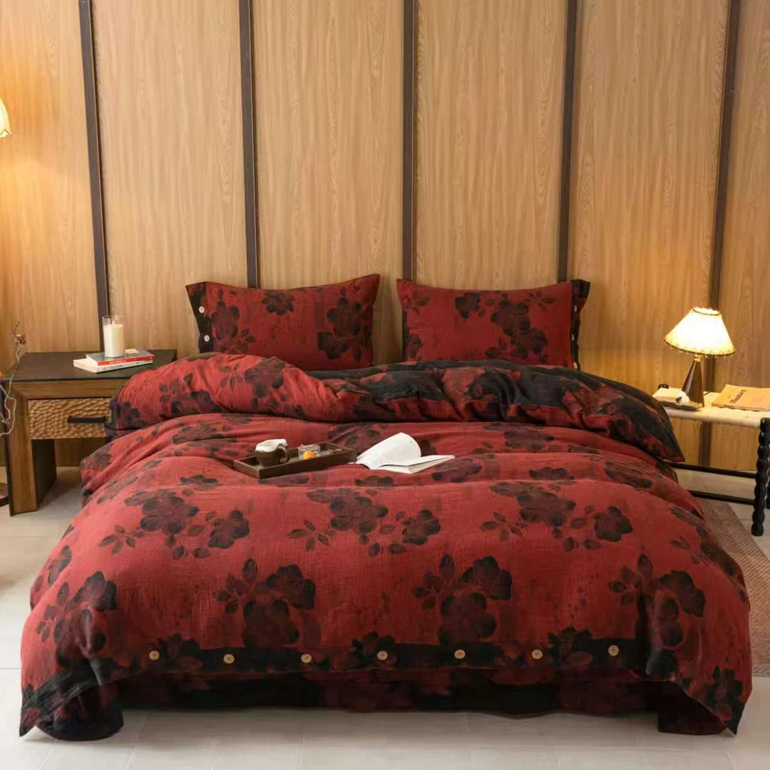 【红韵墨花】全棉双层纱母婴级色织提花床单被套床上四件套床品