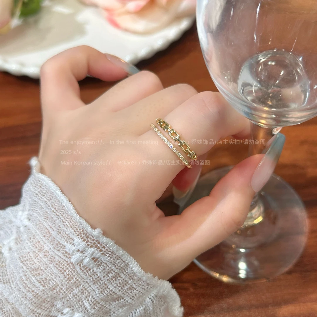 铜合金合成锆石戒指 C386 轻奢小众双层微镶戒指网红时尚开口指环