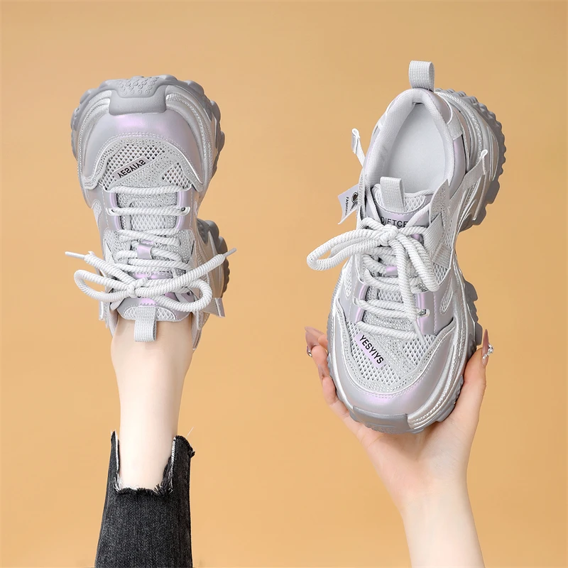 厚底老爹鞋女2025新款透气网纱薄款时尚百搭运动高品质休闲增高鞋