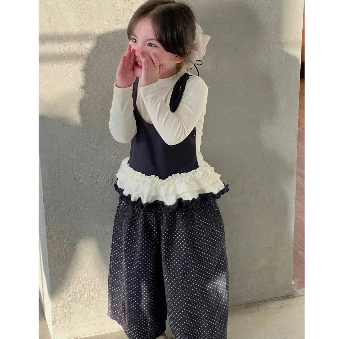 女童长袖打底衫假2件春秋2025女孩吊带拼接T恤波点阔腿裤叠穿套装