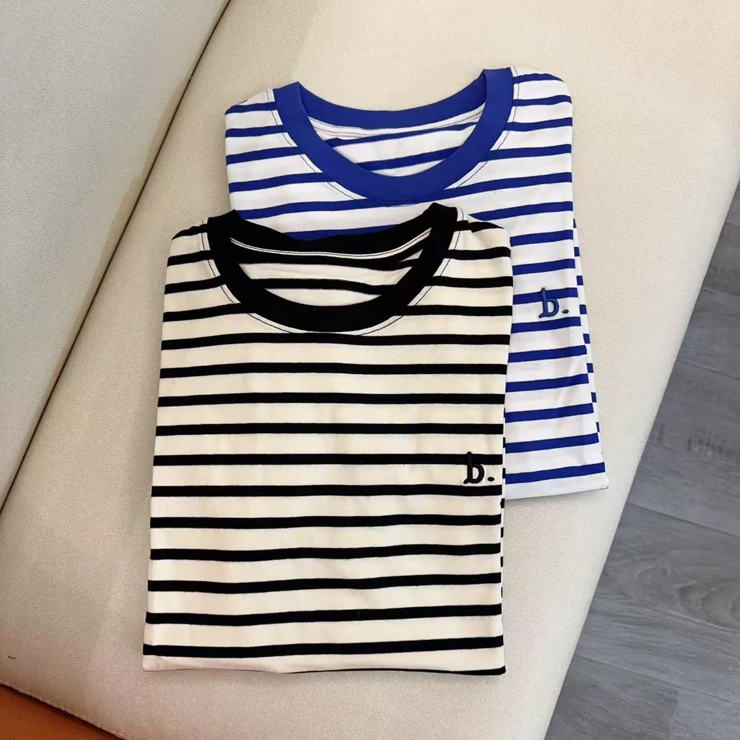 【刺绣条纹】韩版简约气质短袖圆领正肩显瘦休闲上衣百搭棉质T恤女