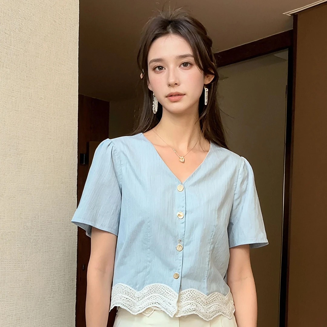 奢姿大码女装2025夏季减龄花边时尚衬衫胖妹妹V领时尚百搭上衣