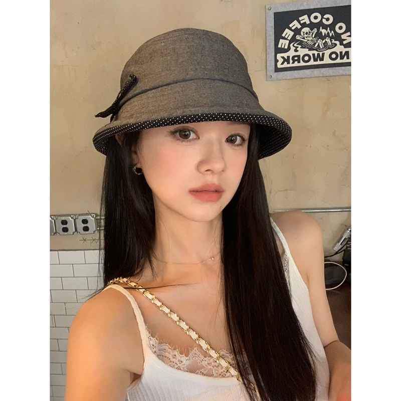 出口韩国~定制卷边波点蝴蝶结渔夫帽子女双层出游盆帽透气小礼帽