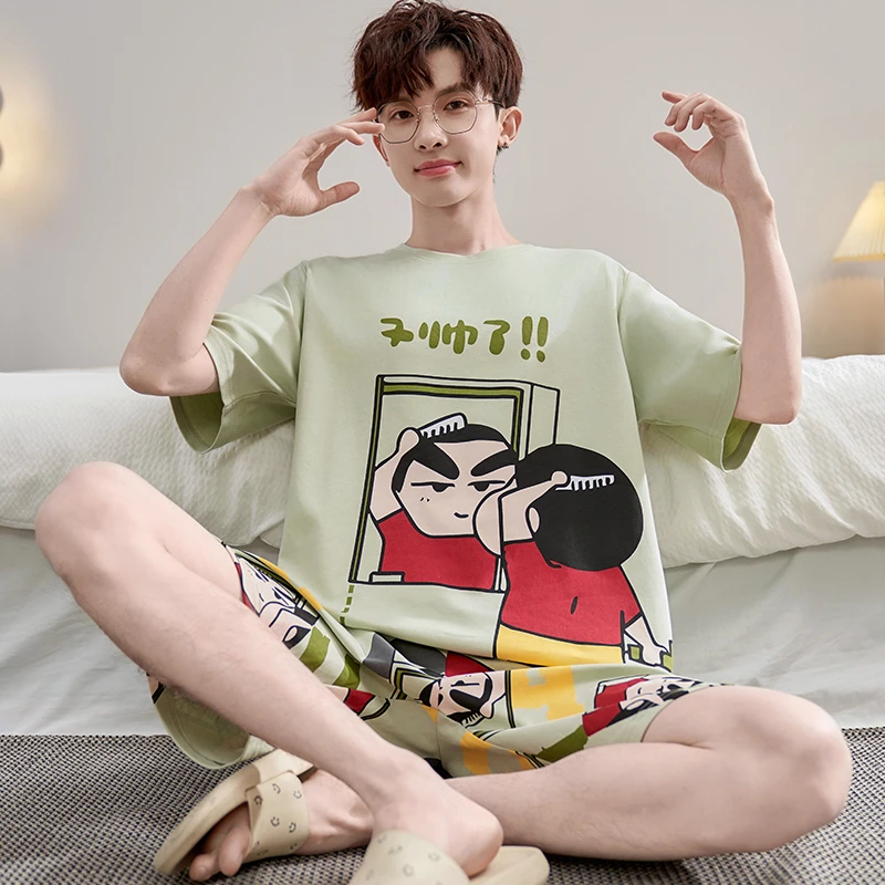 男士睡衣夏季薄款纯棉睡衣男夏天短袖短裤全棉大码卡通家居服套装