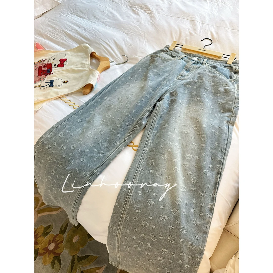 【sKycaptian】kitty猫头夏日提花宽松廓形柔软牛仔裤#SK029184