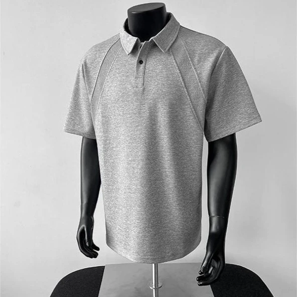 美式正肩短袖polo衫男款夏季重磅衬衫翻领T恤插肩袖cleanfit半袖