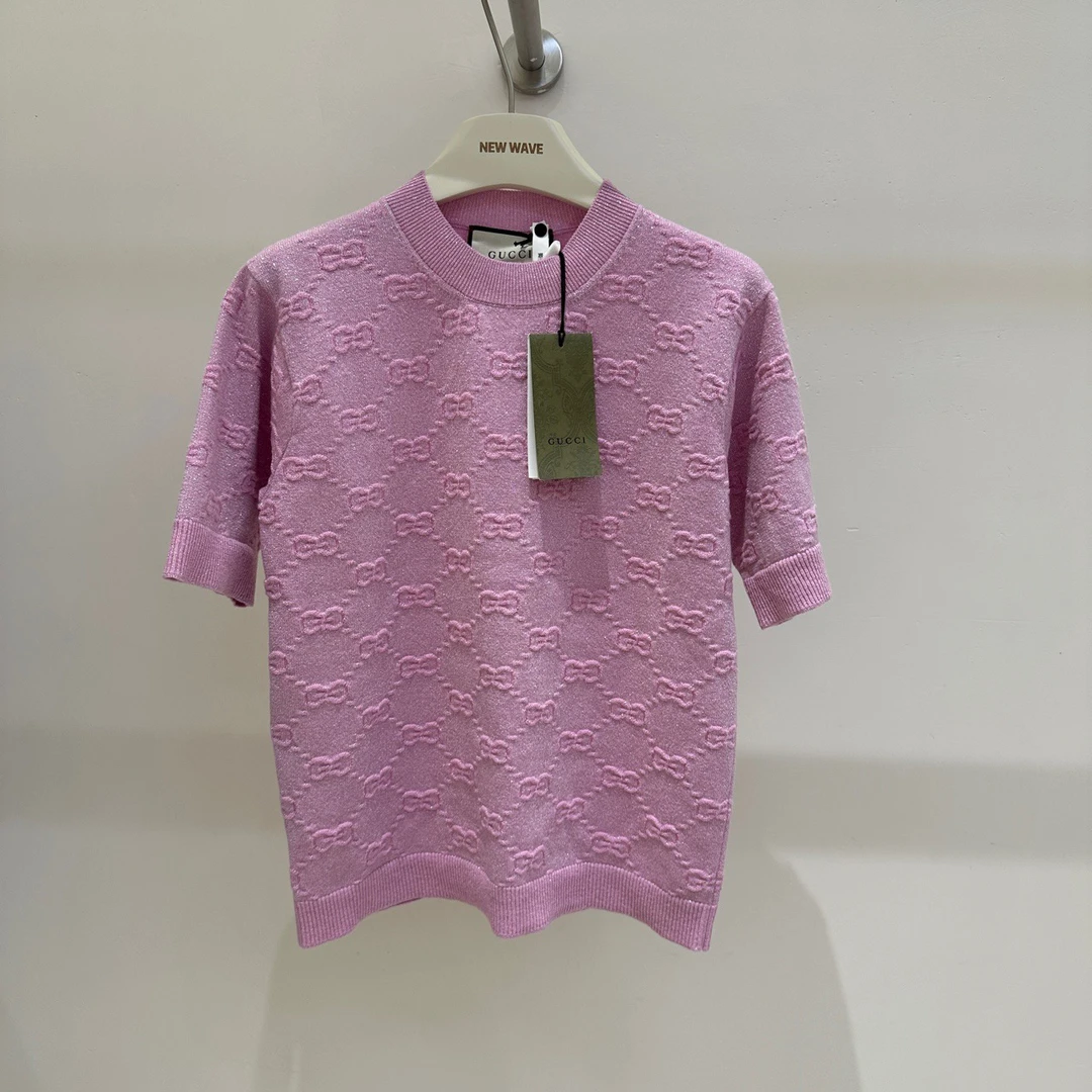 全新未使用 GUCCI/古驰 GU1198 粉色logo针织短袖XS码 原价6600
