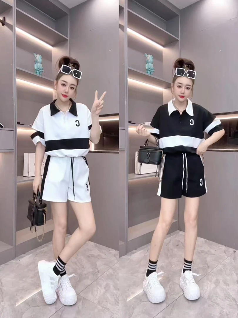 夏季时尚休闲运动风女装短袖短裤撞色套装显瘦百搭减龄