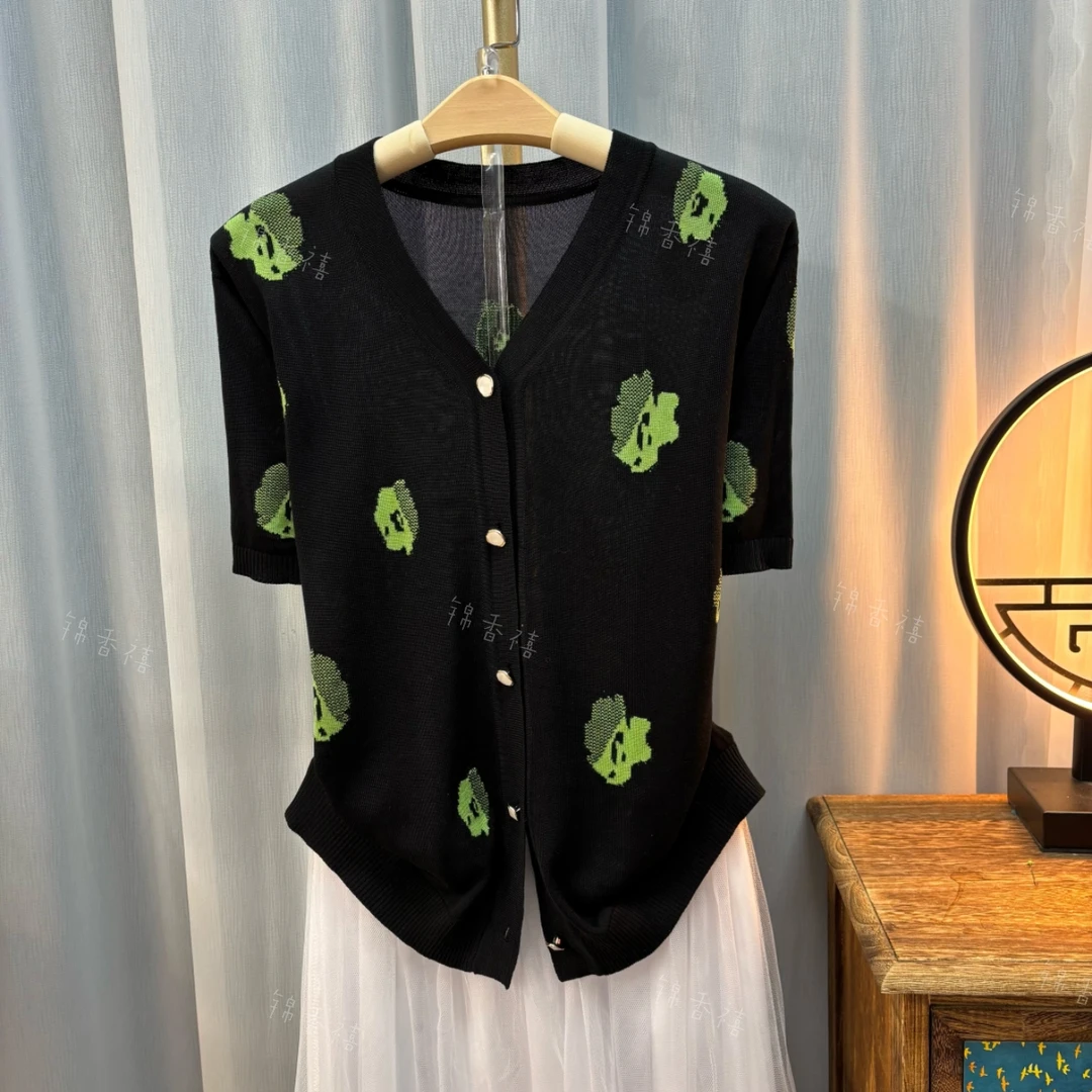 【V763-六月奇迹】新款短袖女气质显瘦V领设计感宽松针织薄款开衫