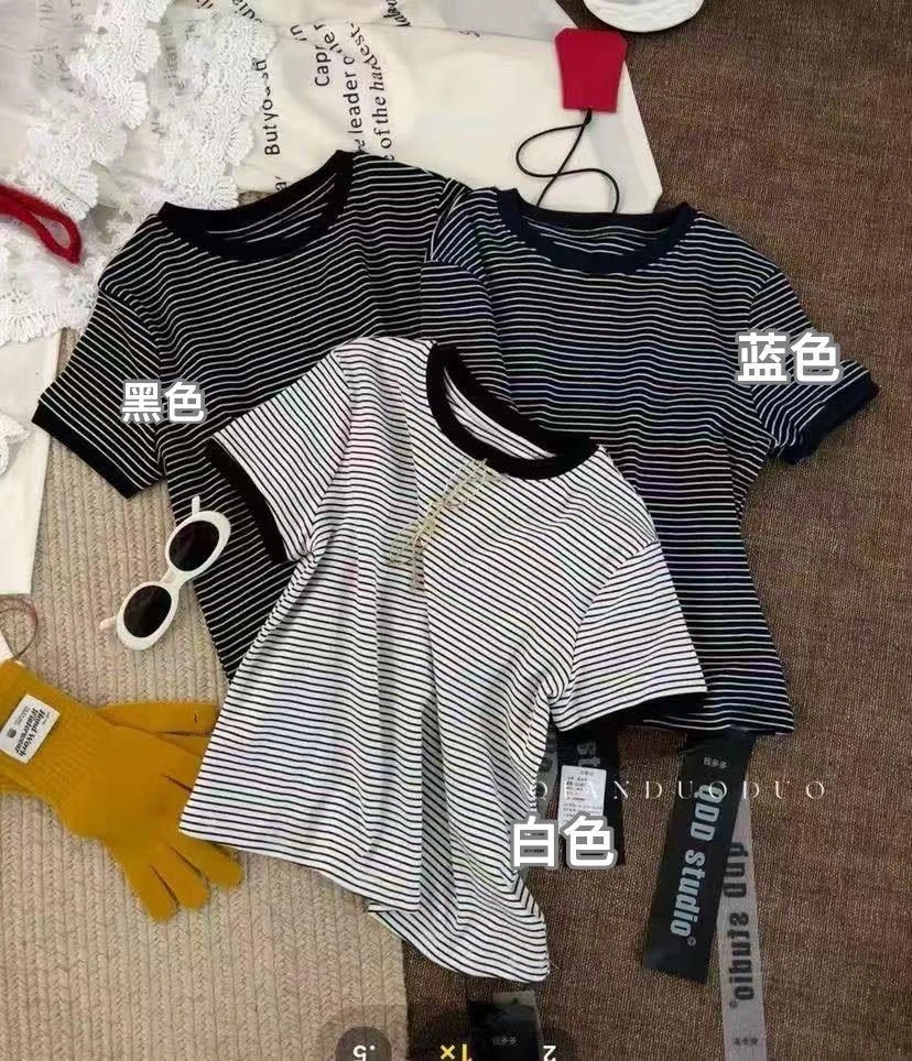 静静严选新款（钱多多）条纹圆领夏季宽松上衣2187