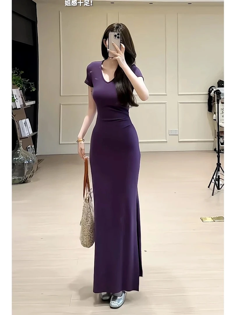 紫罗兰调御姐气质收腰夏季V领开叉后妈裙2025新款爆款显瘦连衣裙