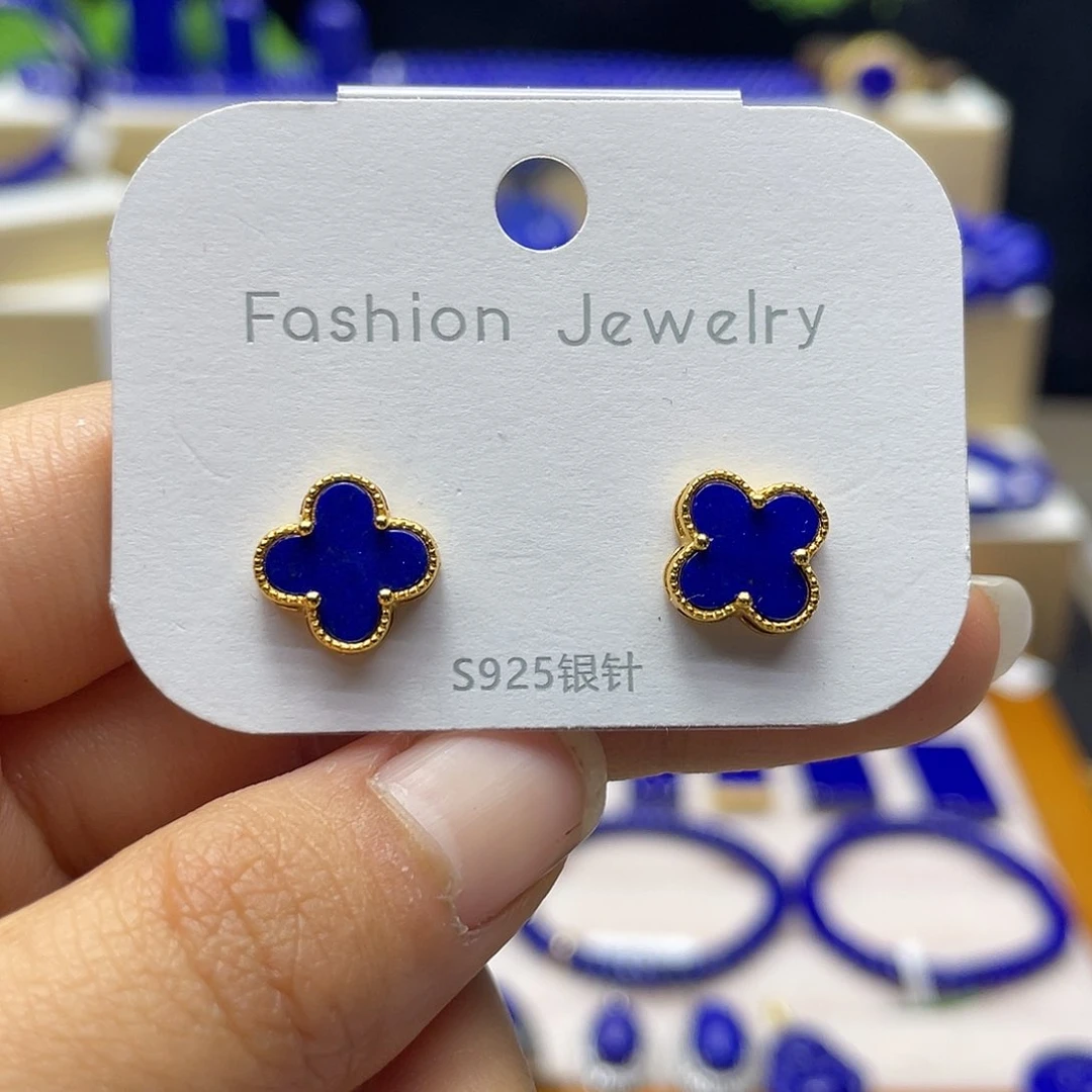 青金石耳钉四叶草银S925镀金镶嵌