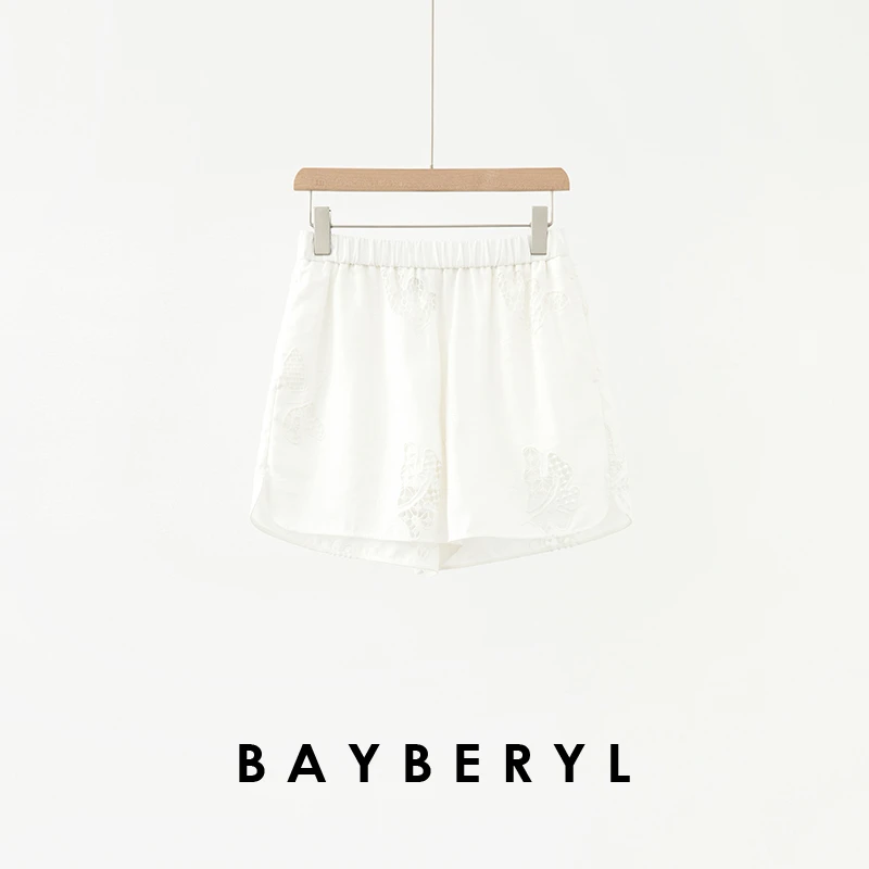 BAYBERYL老贝镂空白短*棉麻松紧腰重工感舒适短裤XXK5C2703-6/29