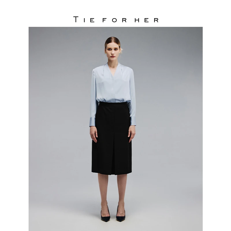 TieForHer 工字褶直筒基础百搭职场优雅精致通勤小A包臀半裙