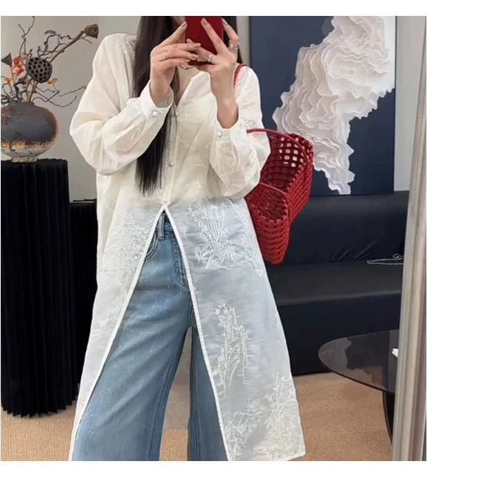 法式蕾丝刺绣长袖衬衫女2025春季新款中长款宽松显瘦防晒罩衫上衣