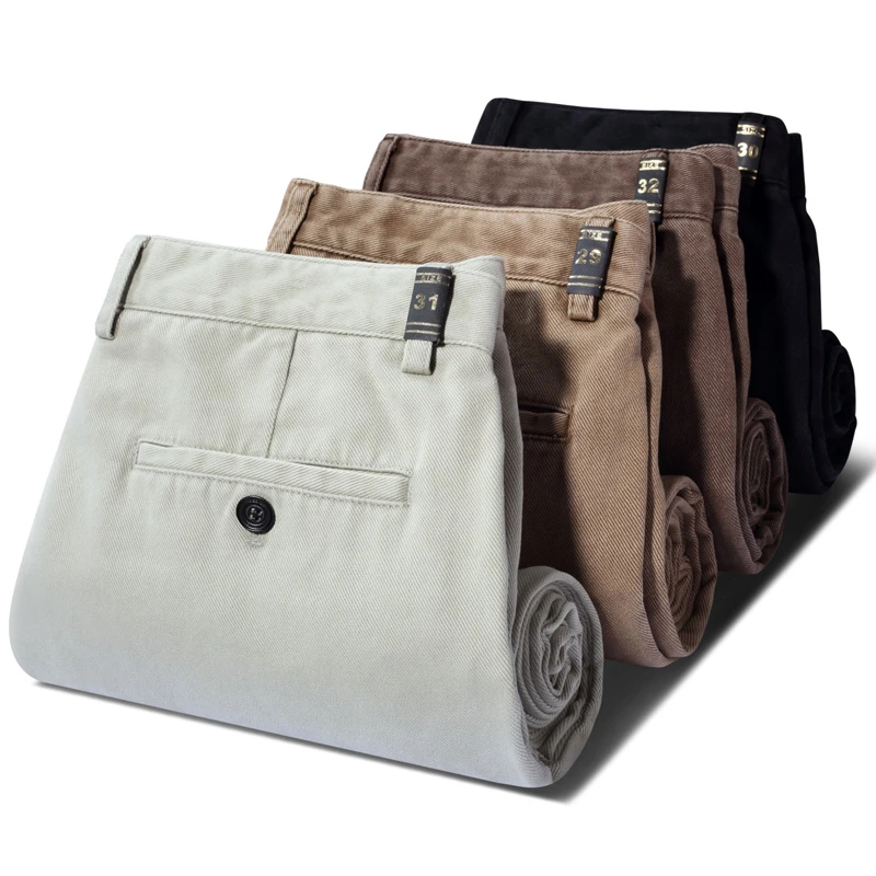 美式复古100%纯棉休闲裤男式秋冬厚款宽松商务直筒抗皱免烫长裤子