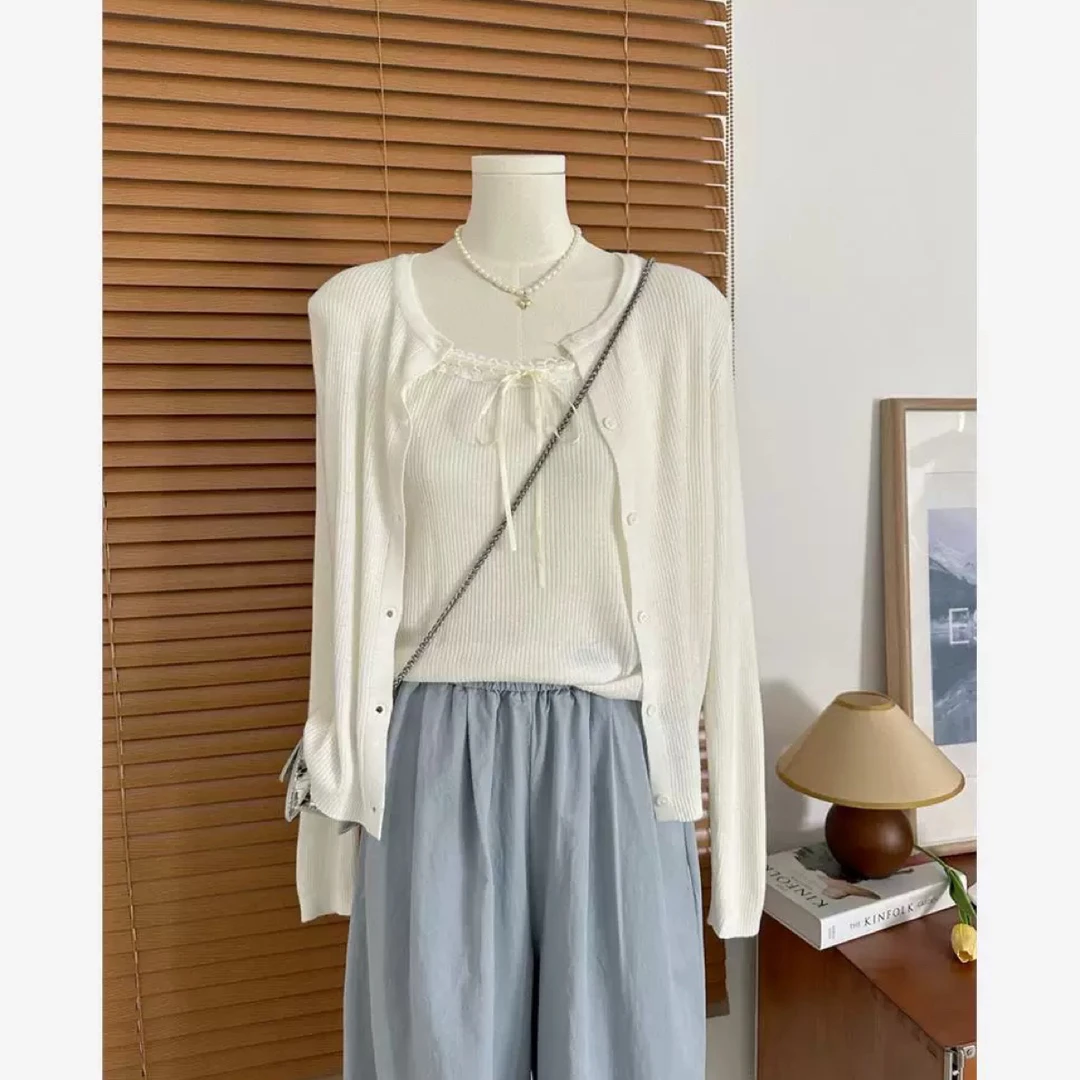 韩系针织开衫蕾丝吊带两件套早秋款