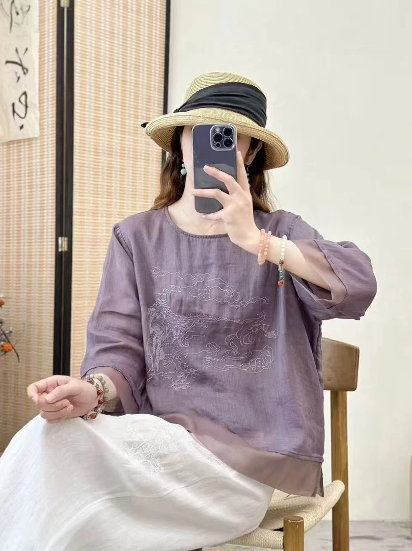 【盛涵】双层不透纯色苎麻复古下摆拼接祥云刺绣圆领宽松百搭上衣女
