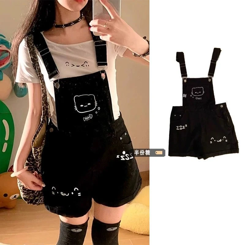 学院风黑色小熊印花背带裤女2025年夏季新款超好看印花上衣女套装