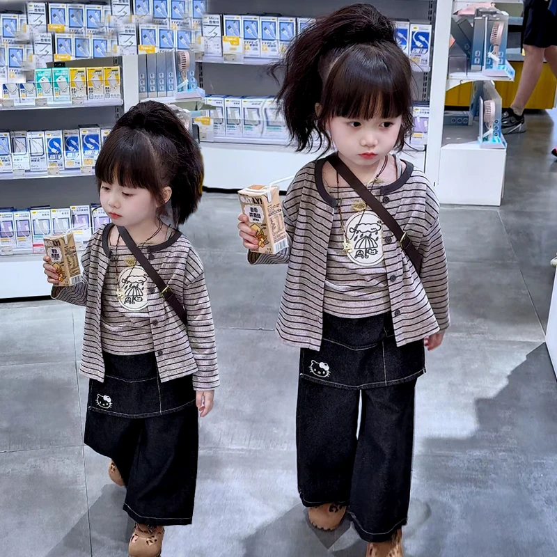 女童秋款套装新款女宝宝洋气条纹开衫吊带两件套休闲牛仔直筒裤