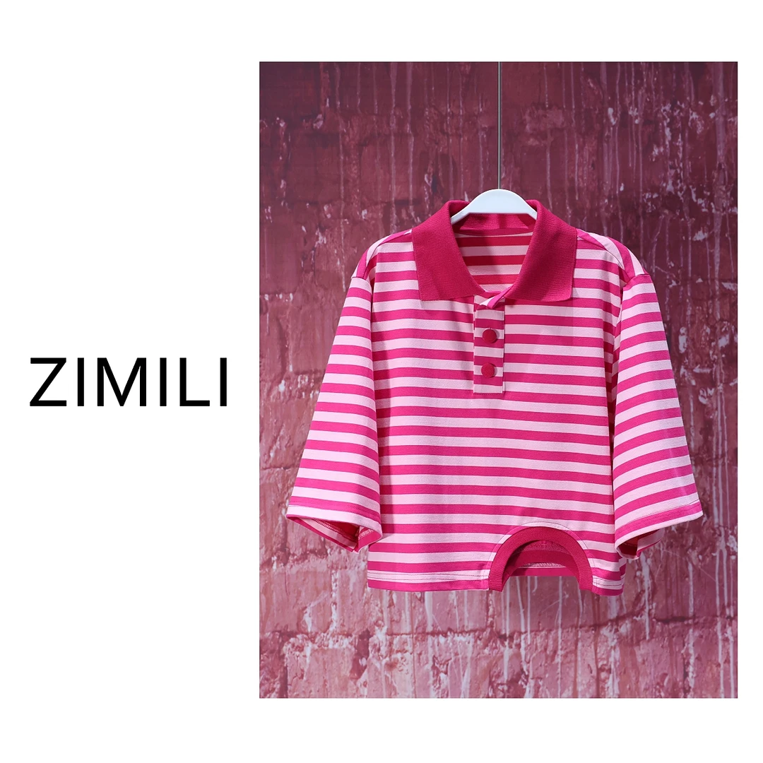 【亮哥女装】2025莱赛尔天丝轻薄红粉条纹POLO领时尚短袖7221-H7