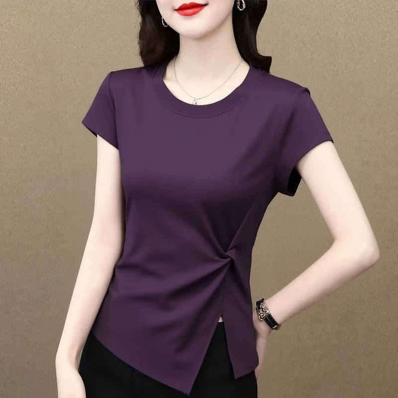 正肩圆领短袖t恤女夏季新款设计感气质修身显瘦褶皱不规则上衣服