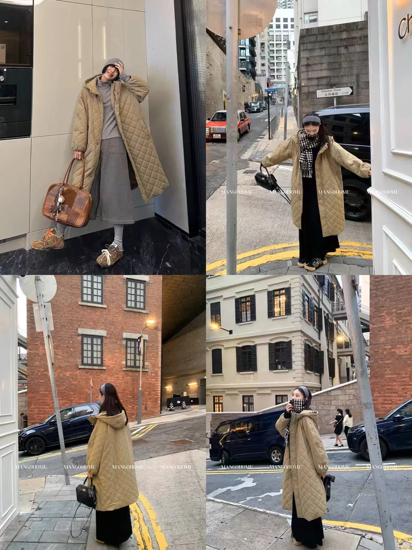 济州冬日！韩系简约菱格长款连帽棉服外套
