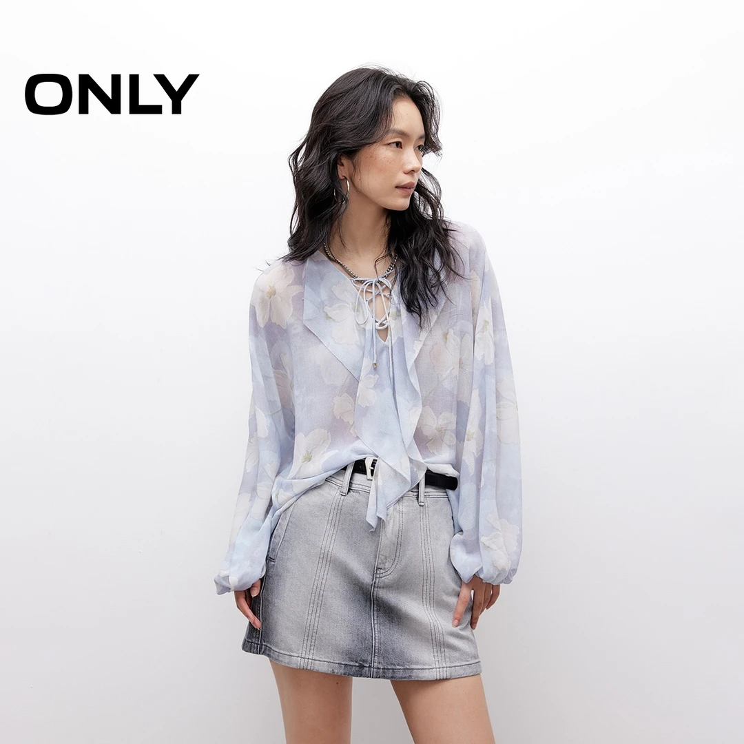 ONLY2025夏季新款法式优雅荷叶边轻薄质感长袖雪纺衫女|125251002