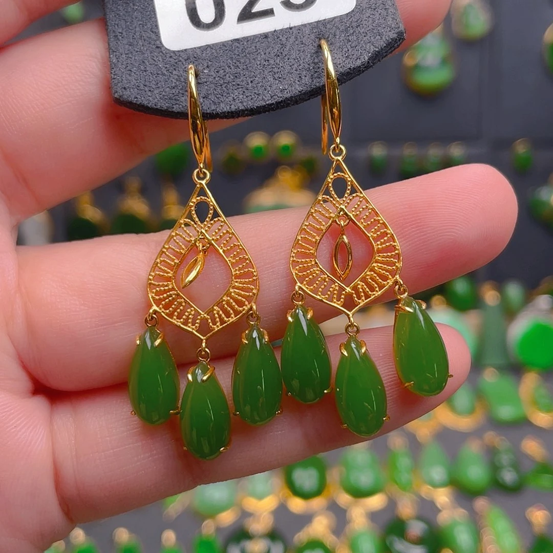 和田玉18K金镶嵌耳饰025