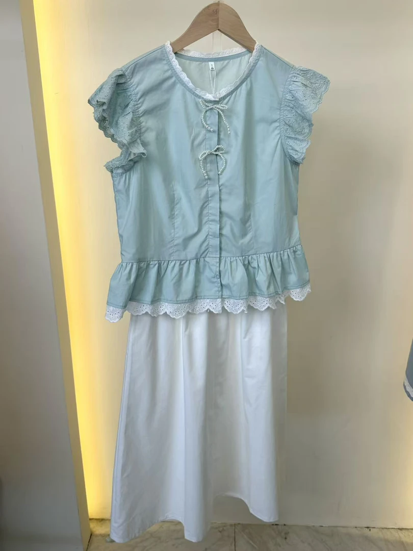 浅浅爱家2025新款蝴蝶结泡泡袖短袖夏季纯色牛仔半身裙小香套装