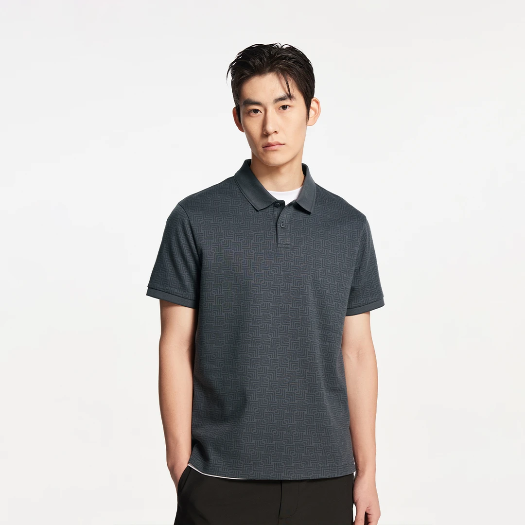 【商场同款】杰克琼斯男装满印提花直筒商务通勤翻领polo衫短袖T恤